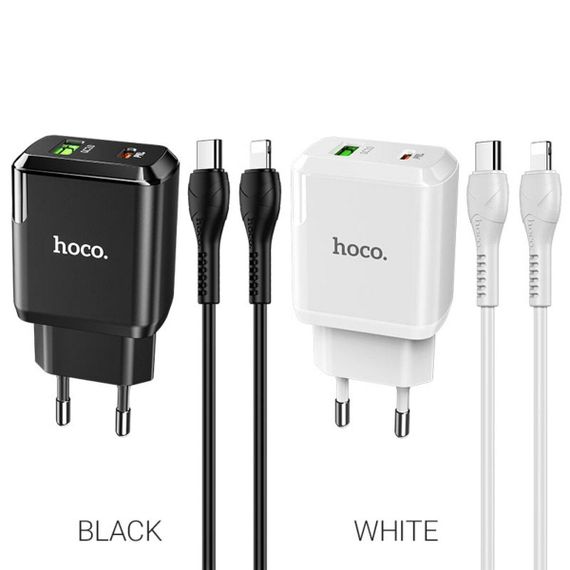Мережевий зарядний пристрій HOCO N5 Favor dual port PD20W+QC3.0 charger set(C to iP) White | Зображення 2