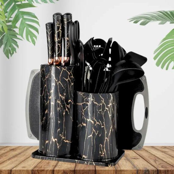 Набор кухонных принадлежностей 25 предметов с двойной подставкой разделочной доской набором ножей прихватками | Зображення 1