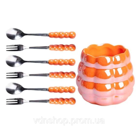 Набір десертних виделок і ложок на 3 персони з підставкою з порцелянау 7 предметів Помаранчевий HP-20-60