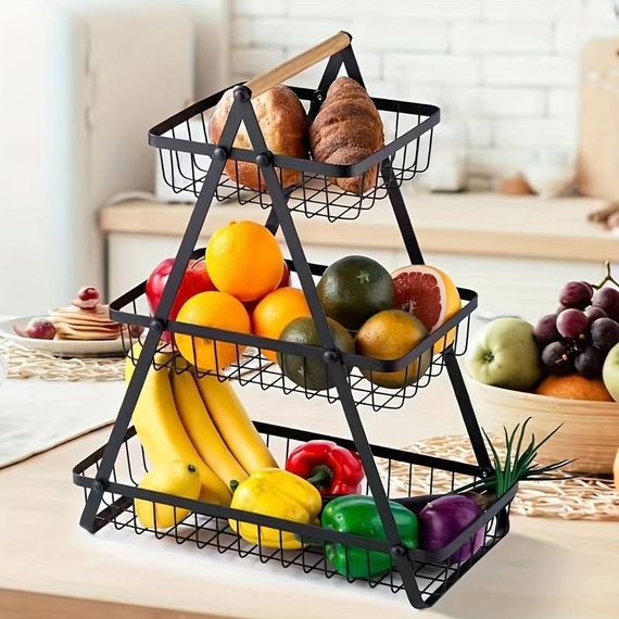 Настольная трехъярусная корзина - фруктовница с деревянной ручкой Triple Fruit Basket | Зображення 3