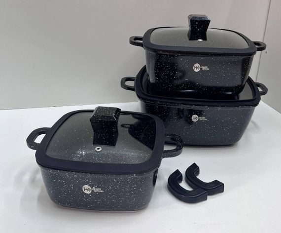 Набор квадратных кастрюль с силиконовыми крышками и  5-ти слойным дном Higher Kitchen HK-323 Черный