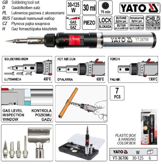 Пальник газовий YATO (t=1300°С), фен (t=600°С) і паяльник (t=450 °С) з обладунками, 3 в 1
