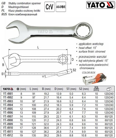Ключ комбінований короткий CrV М=9 мм l=97 мм YATO-4902