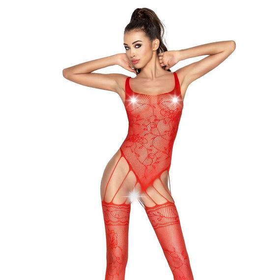 Бодістокінг Passion BS034 red, комбінезон, імітація боді і панчох, S/M/L