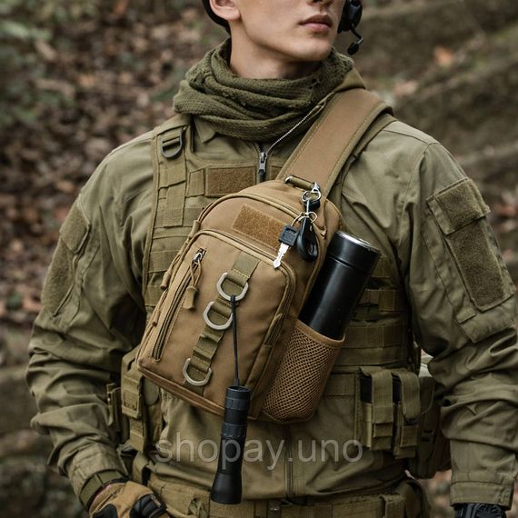 Тактична сумка через плече слінг Cordura 1000D MOLLE 5 кишень з кишенею під планшет 30×18×10 см койот | Зображення 3