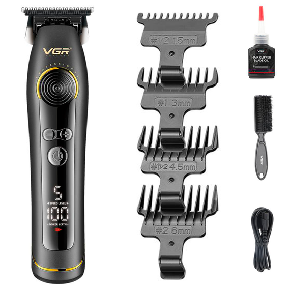 Триммер для стрижки VGR V-299 BLACK, 4 насадки, 9000RPM, 2000 mAh, 5 уровней скорости, LED дисплей