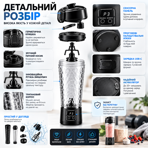 Электрический шейкер аккумуляторный 700 мл черный глянцевый с USB зарядкой и антискользящим корпусом для коктейлей | Зображення 6
