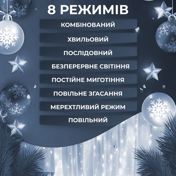 Гірлянда штора світлодіодна GarlandoPro 200LED Роса 3х3м 8 режимів 10 ниток гірлянда роса на ялинці Білий 173307W | Зображення 6