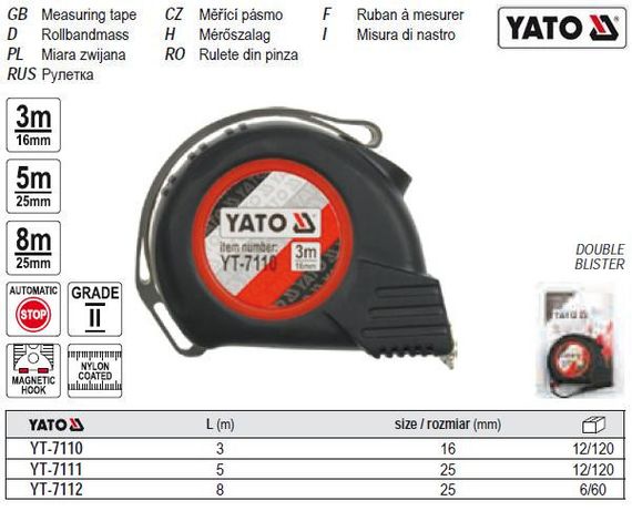 Рулетка YATO Польша магнит нейлон b=25 мм l=5 м YT-7111