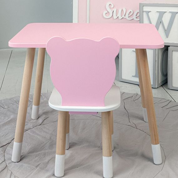 Дитячий  прямокутний стіл і стільчик ведмежа з білим сидінням. Столик рожевий дитячий | Зображення 2