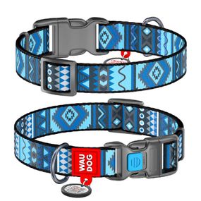 Нашийник для собак нейлоновий WAUDOG Nylon з QR паспортом, малюнок "Етно синій", пластиковий фастекс, S, Ш 15 м