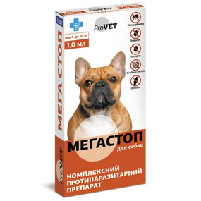 Капли на холку ProVet «Мега Стоп» для собак от 4 до 10 кг от внешних и внутренних паразитов