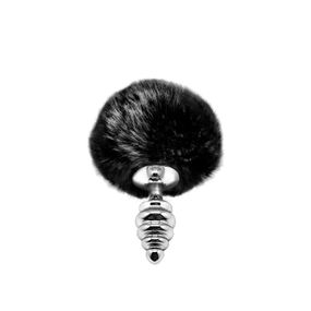 Металева анальна пробка Кролячий хвостик Alive Fluffy Twist Plug S, Чорний