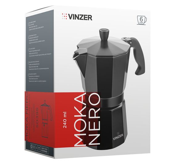 Кавоварка гейзерна алюмінієва Vinzer Moka Nero 50395, на 6 чашок, для дому та офісу | Зображення 2