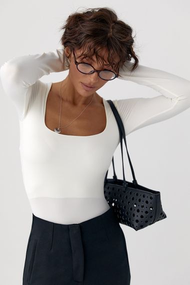 Еластичне боді з довгими рукавами - молочний цвет, L (є розміри) | Зображення 4