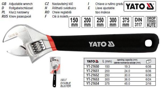 Ключ разводной розвідний гумова ручка L=375 мм YATO YT-21654