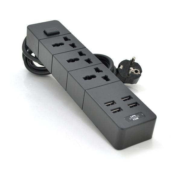 Мережевий фільтр ТВ-Т08, 3 розетки + 4 USB, 2 м, перетин 3х0, 5мм, 2500W, Black