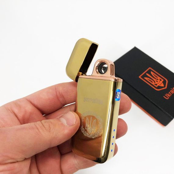 Дугова електроімпульсна запальничка USB Герб України індикатор заряду, ліхтарик HL-442. Колір: золотий | Зображення 6