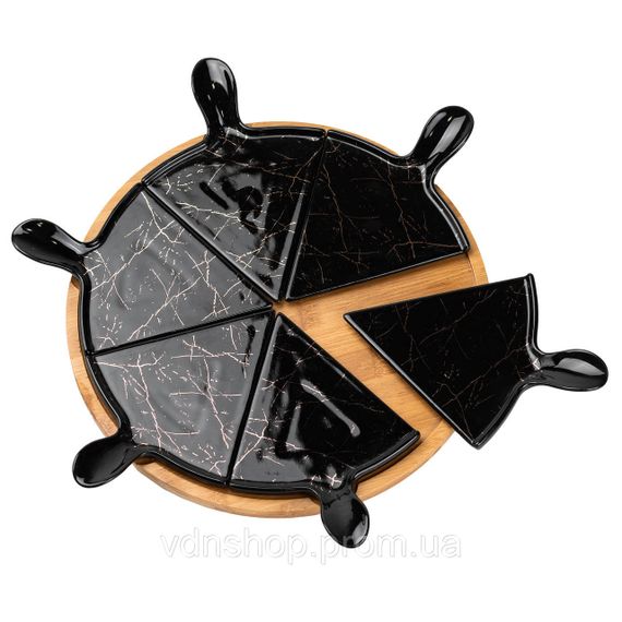 Тарілка для піци 28 см порцелянова з бамбуковою підставкою, що обертається, секційна чорна HP1247 | Зображення 2