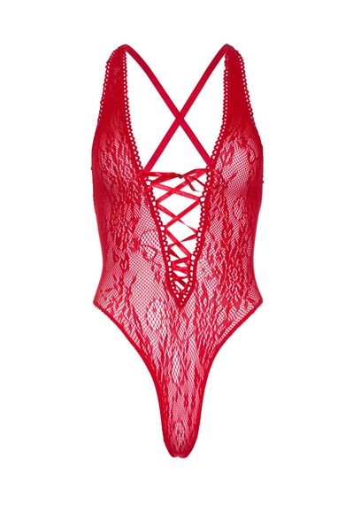 Мереживне боді Leg Avenue Floral lace thong teddy Red, шнурівка на грудях, one size | Зображення 3