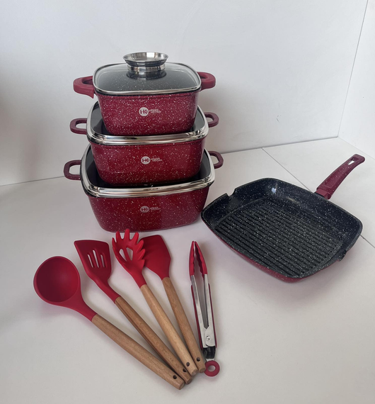 Набір каструль сотейник квадратна сковорода Higer Kitchen НК-317 з лопатками 14 предметів | Зображення 2