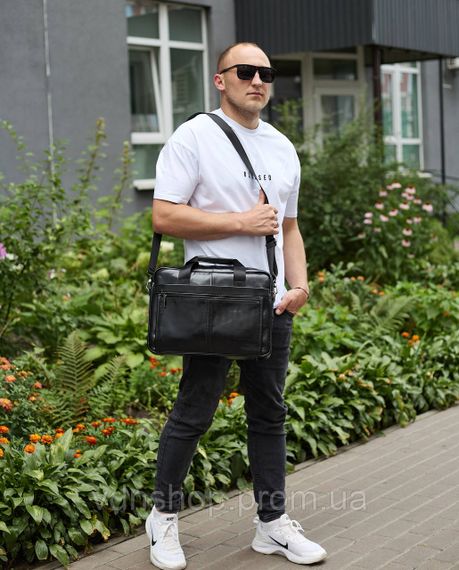 Кожаная мужская сумка-портфель 38х28х8, сумочка для работы и ежедневных дел, мужской шопер, черная | Зображення 7