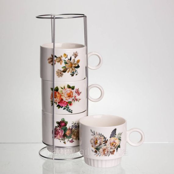 Набор чашек для чая и кофе на металлической подставке Flower 4 (шт) по 300 (мл) подарочный набор фарфоровых чашек FM-7 | Зображення 1