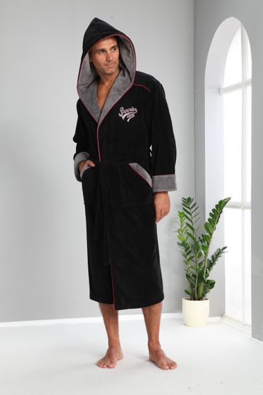 Мужской велюровый халат Nusa 1170 с капюшоном, черный XL | Зображення 2
