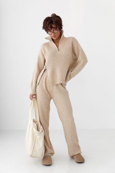 В'язаний костюм зі светром із блискавками та прямими штанами - бежевий цвет, ONE SIZE (є розміри) | Зображення 4