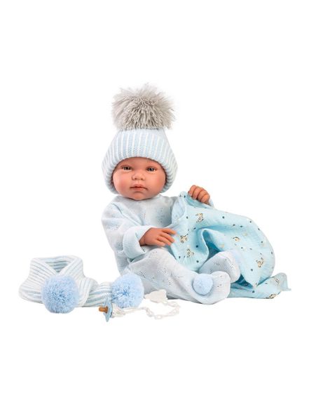 Іспанська Лялька Ллоренс Новонароджений Вініловий Анатомічний Пупс Хлопчик Toni 42 см у Блакитному Одязі з Пледом і Соскою LLorens