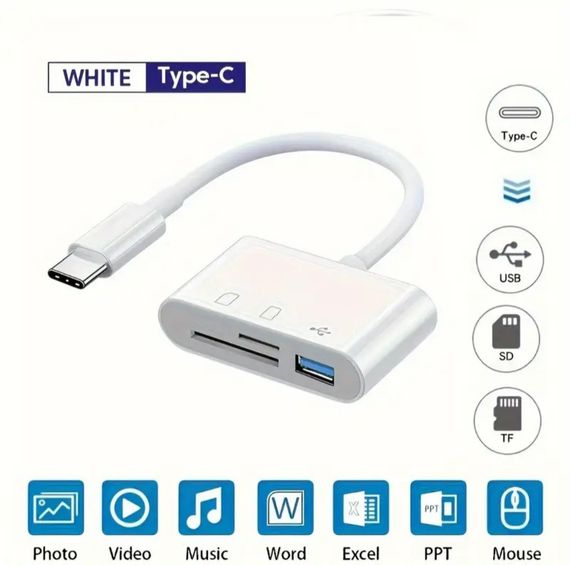 Универсальный кард-ридер 3-в-1 (SD/TF/CF) с Type-C и USB-портами, OTG-адаптер для телефонов, ноутбуков и др. | Зображення 6