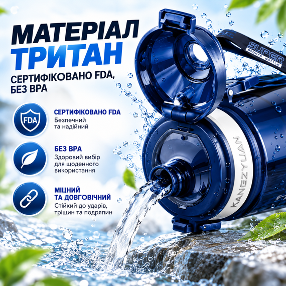 Спортивная бутылка KANGZYUAN 700 мл синяя — Tritan BPA-free, ударопрочная бутылка для воды с фильтром и ремешком. | Зображення 6