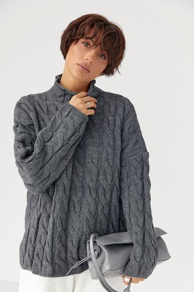 Светр оверсайз у косички - сірий цвет, ONE SIZE (є розміри)