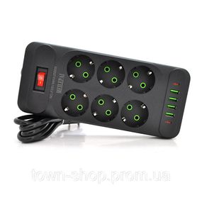Сетевой фильтр F33U, 6 розеток EU + 4 USB + 2 PD, кнопка включения с индикатором, 2 м, 3х0,75мм, 2500W, Black,