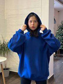 Женское теплое худи супер оверсайз удлиненный на флисе цвет синий размер S/L  AtD0034