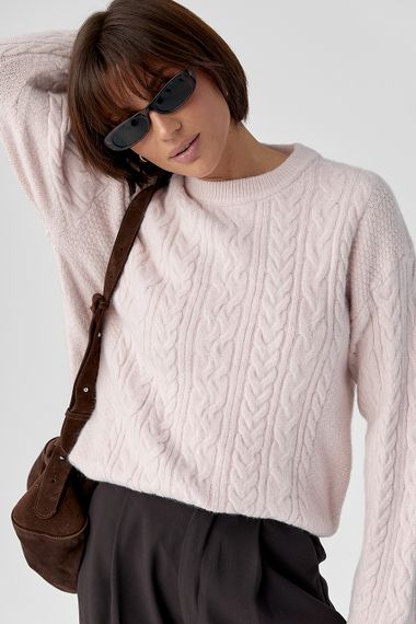 В'язаний светр у косички - пудра цвет, ONE SIZE (є розміри) | Зображення 4