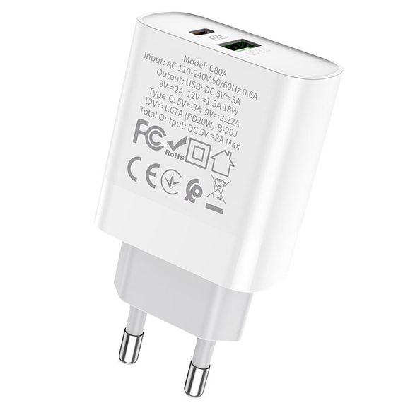 СЗУ Hoco C80A Plus Rapido PD20W+QC3.0 (1USB-A/1C) White | Зображення 3
