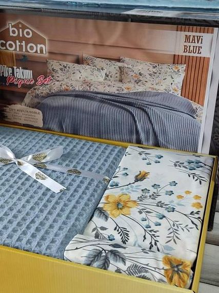 Постельное белье летнее Bio Cotton Mavi Ранфорс (покрывало вафельное) Евро размер