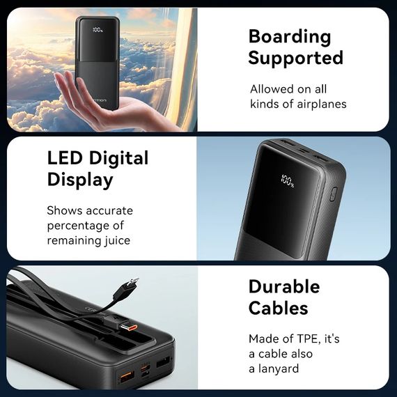 УМБ Vention 20000mAh 22.5W 3A PD, Micro-USB,USB-C,2xUSB-A,Built-in USB-C+Lightning Cables Black | Зображення 7