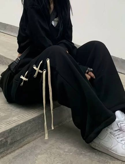 Женские свободные штаны палаццо со шнуровкой по бокам HI2726 цвет черный, размер onesize 42/46 | Зображення 5