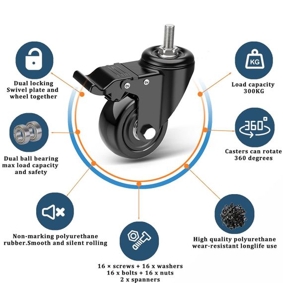 Ролики мебельные поворотные 50 мм с тормозом 4 шт, усиленные транспортные до 300 кг для мебели столов ящиков | Зображення 2