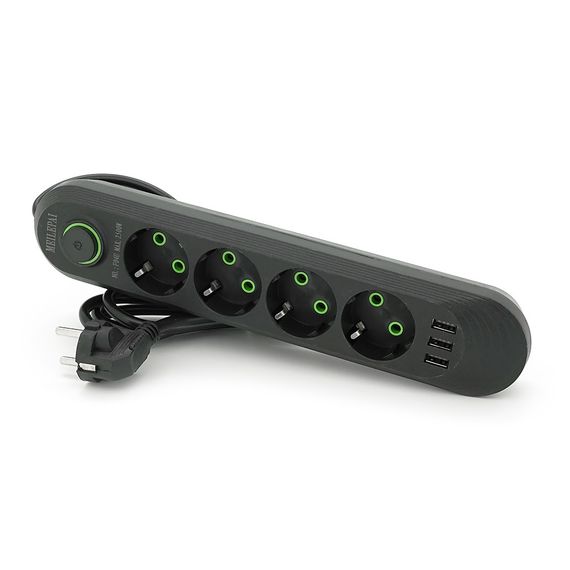 Мережевий фільтр F04U, 4 розетки EU + 3 USB, 1.5 м, перетин 3х0, 75мм, 2500W