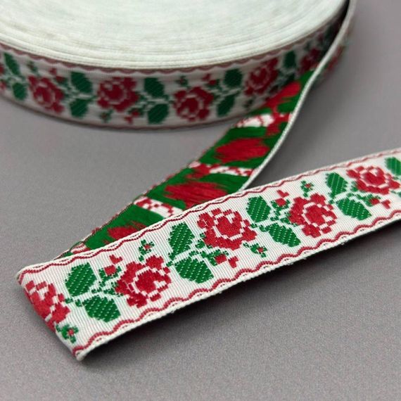 2см Тасьма національна з орнаментом - червона троянда на білому | Зображення 1