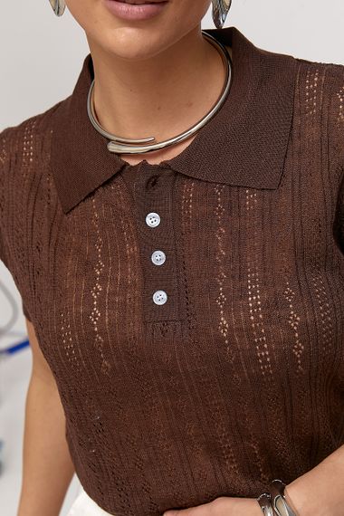 Однотонне вільне поло ажурної в'язки - коричневий цвет, ONE SIZE (є розміри) | Зображення 3
