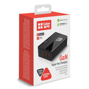 Зарядний пристрій мережевий 2USB/2Type-C 100W чорний GaN ColorWay CW-CHS041PD-BK