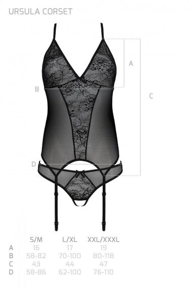 Корсет із пажами, трусики з ажурним декором та відкритим кроком Passion URSULA CORSET S/M, black Sex Aura | Зображення 4