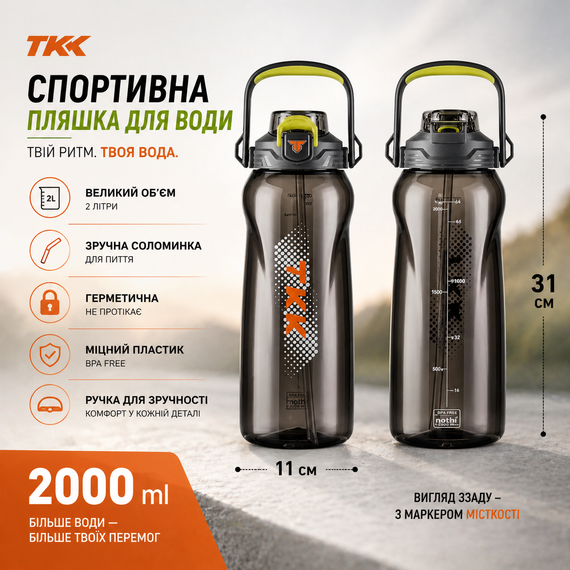 Бутылка для воды TKK спортивная 2000 мл с соломинкой, ручкой и ремешком, герметичная пластиковая. Серая | Зображення 4