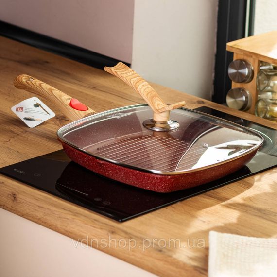 Алюминиевая сковорода-гриль 28 см со стеклянной крышкой Square Red MGC HP-4-462R | Зображення 6