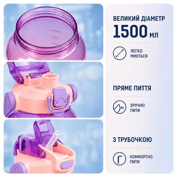 Спортивная бутылка для воды 1500 мл (1.5 л) с трубочкой и ремешком, Градиент Фиолетовый | Зображення 1