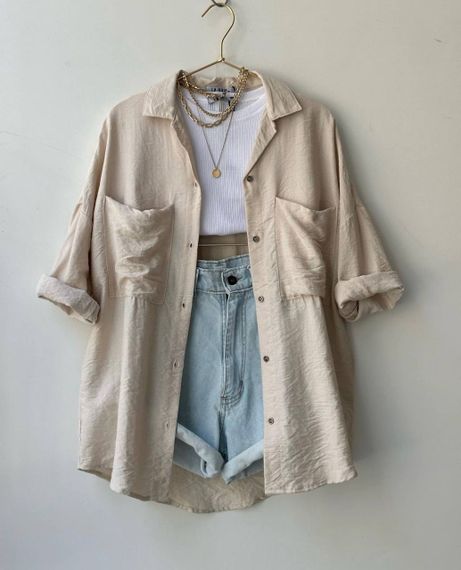 Женская легкая рубашка оверсайз с подворачиваевым рукавом с фиксатором креп жатка PF4125 цвет бежевый, размер 42/46